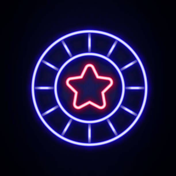 istock Glowing neon line Casino chips icon isolated on brick wall background. Casino gambling. Colorful outline concept. Vector 1928007463