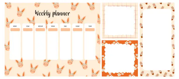 Vector illustration of Set of weekly planners . Kids schedule of classes. Notes and to do list.