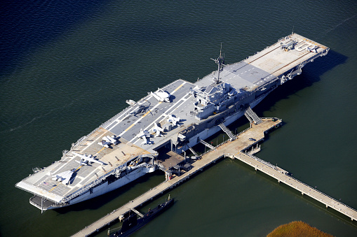 New York City, USA - October 10, 2017: view of the Intrepid Sea, Air & Space Museum aircraft carrier anchored in Hudson River