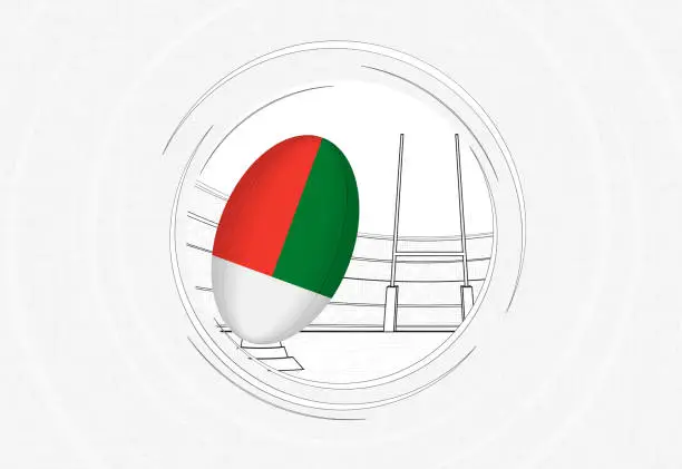 Vector illustration of Madagascar flag on rugby ball, lined circle rugby icon with ball in a crowded stadium.