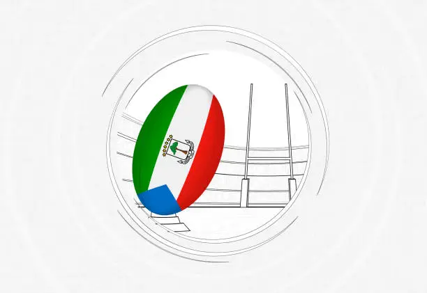 Vector illustration of Equatorial Guinea flag on rugby ball, lined circle rugby icon with ball in a crowded stadium.