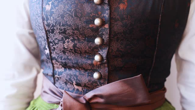 Close-up portrait of the bodice of a traditional Austrian women's dirndl costume with a beautiful pattern