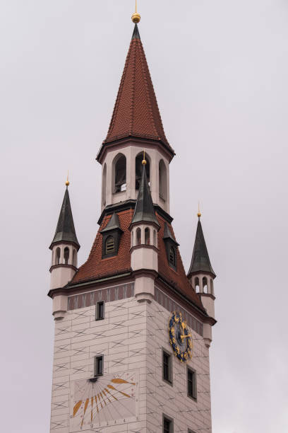 Munich, Germany - May 01, 2022: Church bell tower in the cultural center of Munich