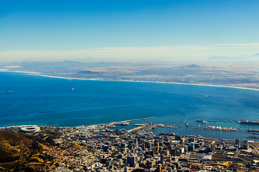 Aerial view of Cape Town and coastline from table mountain.