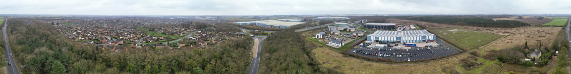 Aerial Panoramic View of Corby Town of Northamptonshire, England United Kingdom on Cold and Cloudy Day of January 2024