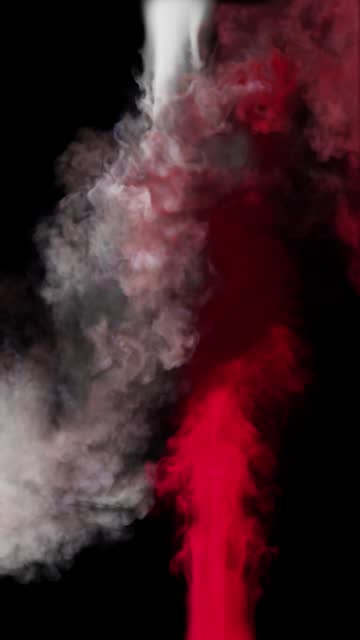 Plumes of white and red smoke are directed towards each other on a black background. 3D illustration. Vertical video.