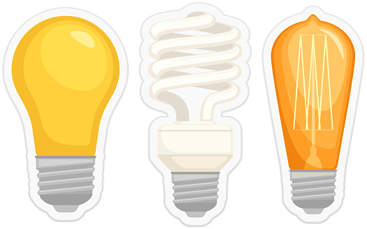 Vector illustration of three types of light bulbs: incandescent, CFL, and retro-style Edison. Each bulb is on its own layer, easily separated in a program like Illustrator, etc. Includes CS6-compatible .eps format, along with a high-res .jpg.
