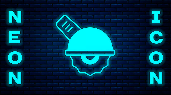 Glowing neon Electric circular saw with steel toothed disc icon isolated on brick wall background. Electric hand tool for cutting wood or metal. Vector.