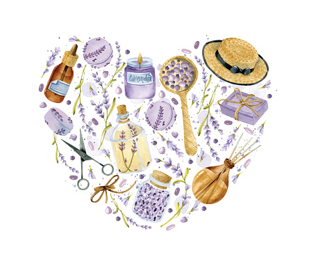 Watercolor heart shaped illustration with lavender spa elements. Soap, diffusor, spa elements, perfume, lavender oil and scissors