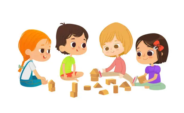 Vector illustration of Smiling kids sit on floor in circle, play with toy cubes and talk. Children's entertainment, preschool and kindergarten activity concept. Vector illustration for website, banner, poster.