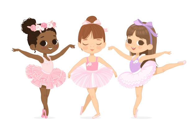 illustrazioni stock, clip art, cartoni animati e icone di tendenza di un gruppo di tre ballerine . un bambino afroamericano indossa un tutù rosa e si esercita con le scarpe da punta da ballo - danza-moderna