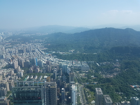 Taipei City, Xinyi road and Nangang Tea Mountain area, seen from Taipei 101 tower.