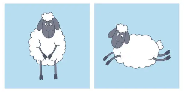 Vector illustration of Flat Vector Cute Funny Sheep - Standing and Flying. Cartoon Sheep Character. Vector Illustration