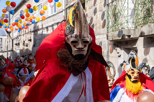 Xinzo de Limia, Spain 02 13 2023 Pantalla the traditional carnival mask. popular carnivals in Galicia, Entroido de Xinzo de Limia.