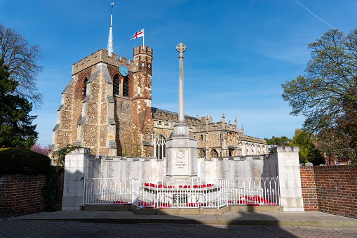 An image of St. Mary's Church in Hitchin, showcasing its historic architecture and the quintessential charm of English parish churches. The church, with its tall spire and classic stone construction, stands as a centerpiece in the community, reflecting the rich heritage and architectural beauty of this Hertfordshire market town.