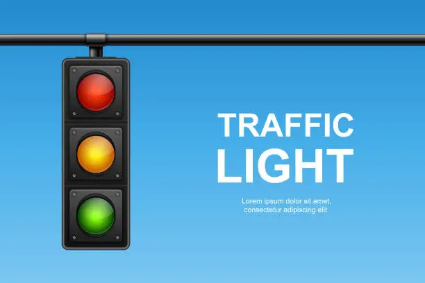 Vector illustration of Vector Banner with 3d Realistic Detailed Road Traffic Lights on Blu Sky Background. Safety Rules Concept, Design Template. Stoplight, Traffic Lights Template