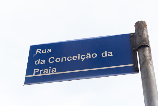 Salvador, Bahia, Brazil - January 05, 2024: Sign indicating Rua da ConceiÃ§Ã£o da Praia in the commercial district. City of Salvador, Bahia.