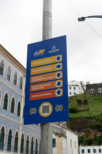 Salvador, Bahia, Brazil - January 05, 2024: Sign with tourist information in the Comercio neighborhood in the city of Salvador, Bahia.