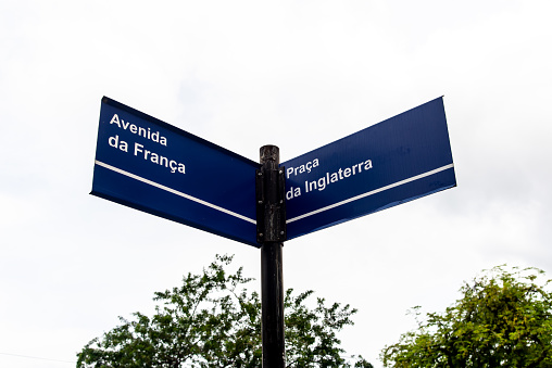 Salvador, Bahia, Brazil - January 05, 2024: Sign indicating the name of Avenida da FranÃ§a and square da Englaterra in the Commerce neighborhood in the city of Salvador, Bahia.