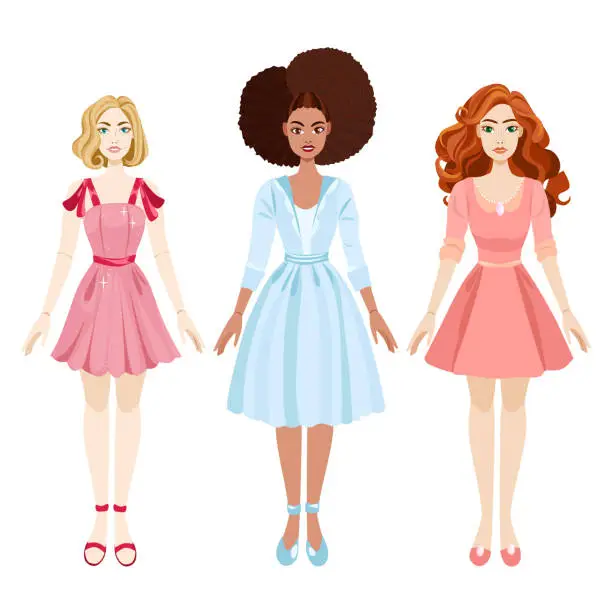 Vector illustration of Fashion dolls set with clothes and shoes. Vector