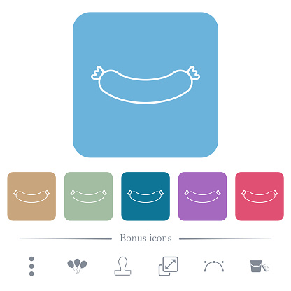 Sausage outline white flat icons on color rounded square backgrounds. 6 bonus icons included