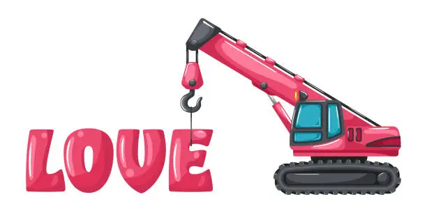Vector illustration of Telescopic crawler crane or chain crane cartoon pink color lifting letters of the word love for Valentine's Day. Heavy machinery used in the construction and mining industry