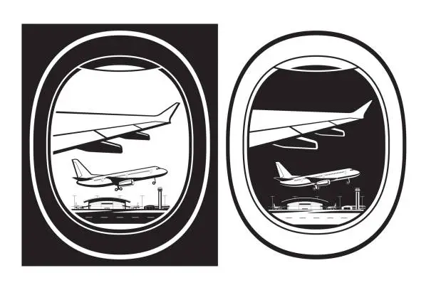 Vector illustration of View to airport from window of passenger aircraft by day and night