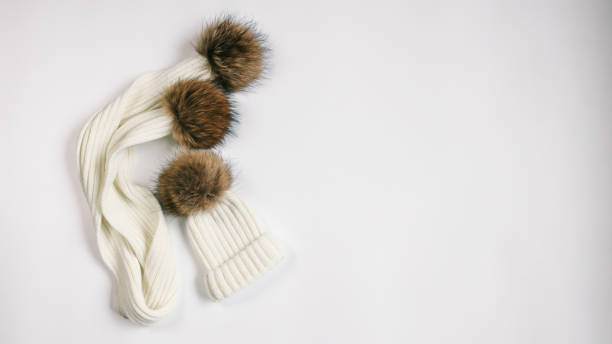 istock Stylish hat and scarf on white background, top view 1928368439