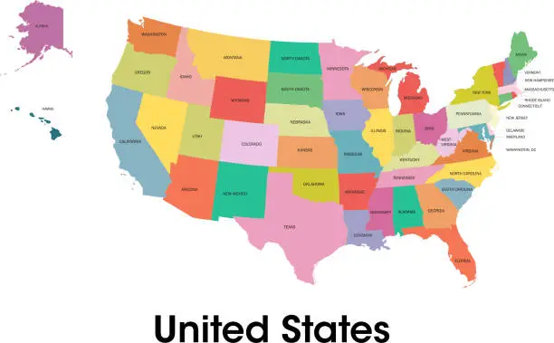 Vector illustration of United States map with names