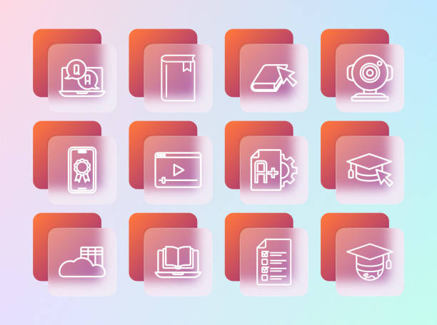 istock Set line Web camera, Online class, Exam sheet with A plus grade, quiz, test, survey, play video, book, Question and Answer and Book icon. Vector 1928386235