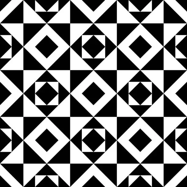 Vector illustration of Rhombuses, diamonds, triangles, squares, checks seamless pattern. Geometric image. Folk ornament. Ethnic ornate. Tribal wallpaper. Geometrical background. Retro motif. Ethnical textile print. Vector.
