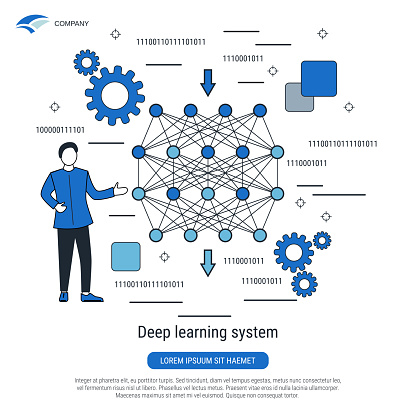 Deep learning system, neural network, artificial intelligence flat design style vector concept illustration