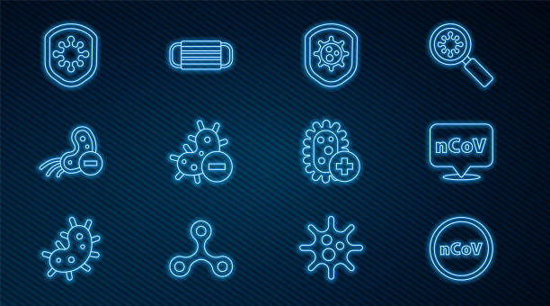 istock Set line Corona virus 2019-nCoV, location, Shield protecting from, Negative, Positive and Medical protective mask icon. Vector 1928434842