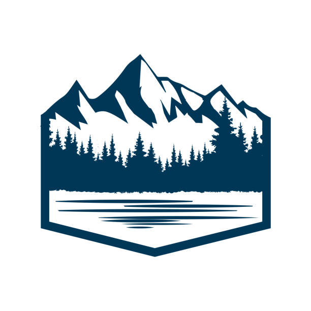 illustrations, cliparts, dessins animés et icônes de montagne de neige glacée avec pin, cèdre, épinette, conifère, sapin à feuilles persistantes, mélèze, pruche cyprès, forêt et ruisseau, rivière, lac pour le vecteur de conception d’illustration d’aventure de camp - montagne