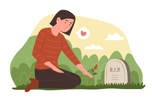 Mourning woman holding a flower and sitting in front of a grave in a cemetery concept illustration