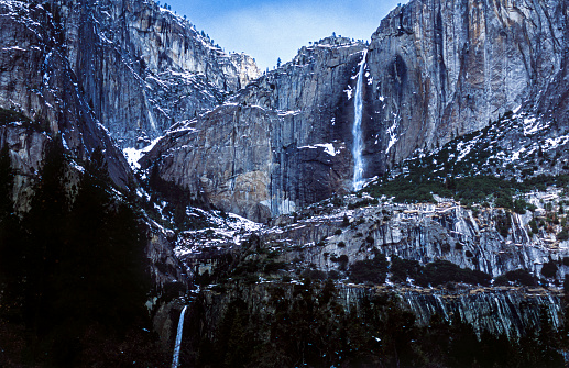 Wintertime view of Yosemite's Yosemite Falls. \n\nTaken in Yosemite National Park, California, USA