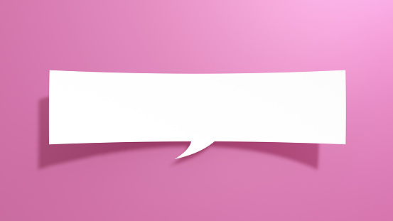 Long Empty Speech Bubble. Minimalist Abstract Design With White Cut Out Paper on Pink Background. 3D Render.