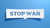 Stop War Speech Bubble. Minimalist abstract design with white cut out paper on blue background.