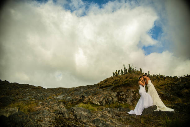 пара женщин, одетых в свадебные платья и стоящих лицом друг к другу посреди гор - newlywed wedding couple human hair стоковые фото и изображения