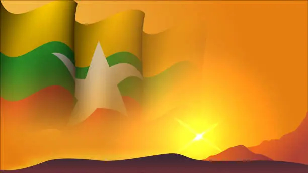 Vector illustration of myanmar waving flag concept background design with sunset view on the hill vector illustration