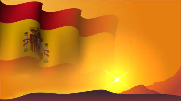 Vector illustration of spain waving flag concept background design with sunset view on the hill vector illustration