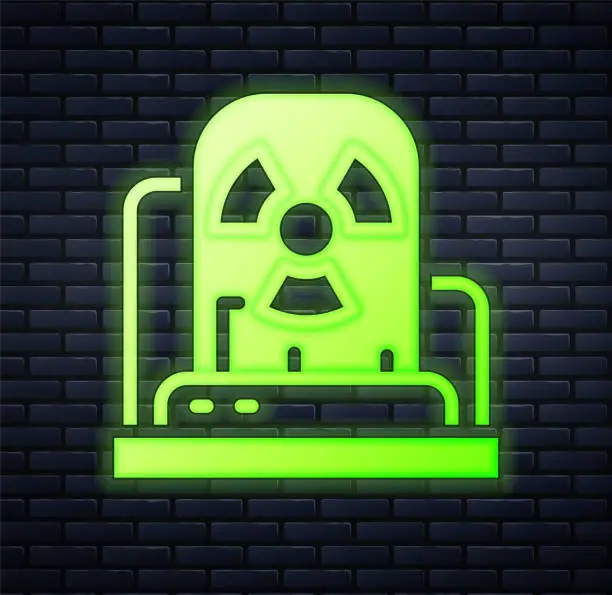 Vector illustration of Glowing neon Radioactive warning lamp icon isolated on brick wall background. Vector