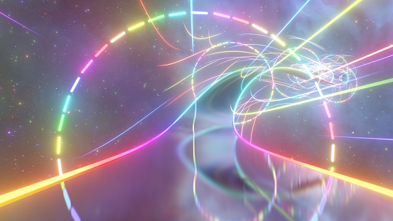 Vuela sobre el camino del arco iris 3D en el espacio exterior con reflejos de neón brillantes - Textura de fondo abstracta photo