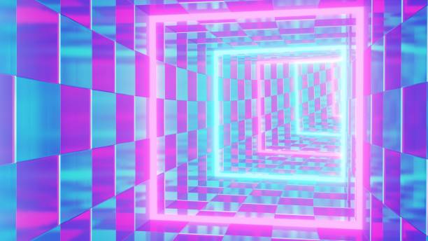 istock Flying Inside Reflective Pink And Blue Vaporwave Neon Square Tunnel - Abstract Background Texture 1928663399