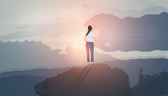 A young woman stood on a rock happily looking at the sunrise. Freedom concept. Happiness image. Vector illustration.