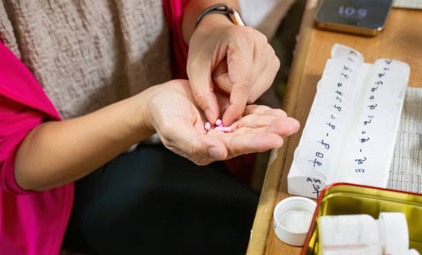 istock Female hands sorting pills into medical pill boxes. Pill box with Chinese characters Mon to Sun, morning and evening. 1928804650