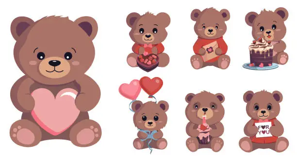Vector illustration of Set of cute cartoon teddy bears with heart for Valentine's Day and birthday