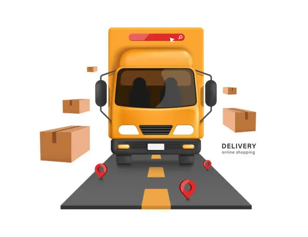 Vector illustration of Yellow cargo truck drive on the road to deliver goods to customers according to red pin markers location and parcel boxes or cardboard boxes floating in air around