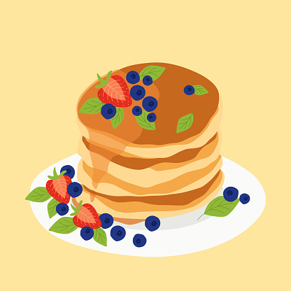 Delicious morning breakfast, fluffy pancakes, muffins with berries and honey, beautiful start of the day vector illustration in flat style.