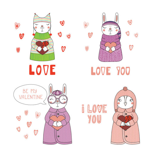 ilustrações de stock, clip art, desenhos animados e ícones de cute animals holding hearts - sweater cardigan isolated white background